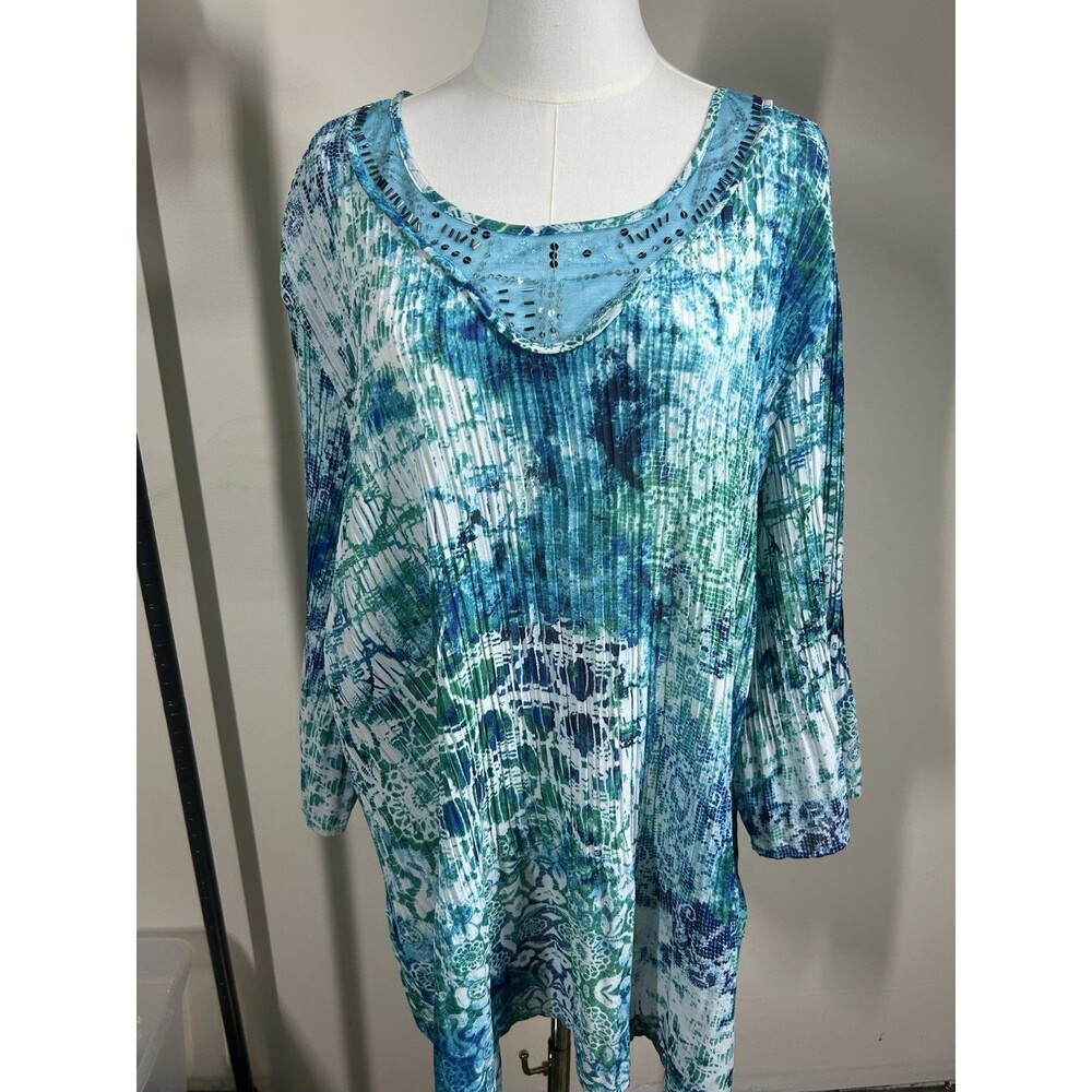 Catherines Womens Blouse Size 3X Multicolor Beaded w Sequins Bell Sleeves 076